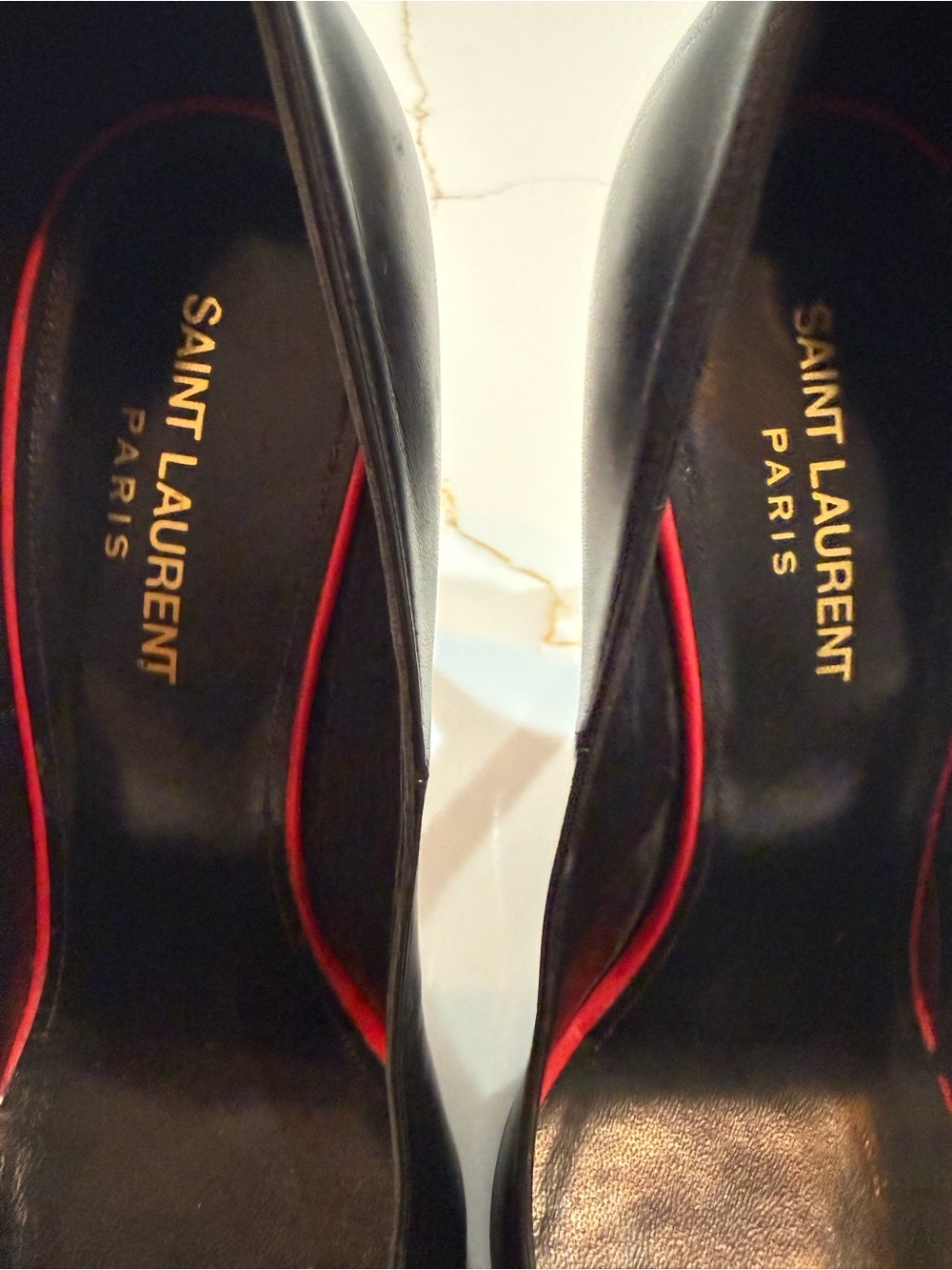 Yves Saint Laurent Black Leather Pointed Toe Pumps with Red Trim - Picture 4 of 7